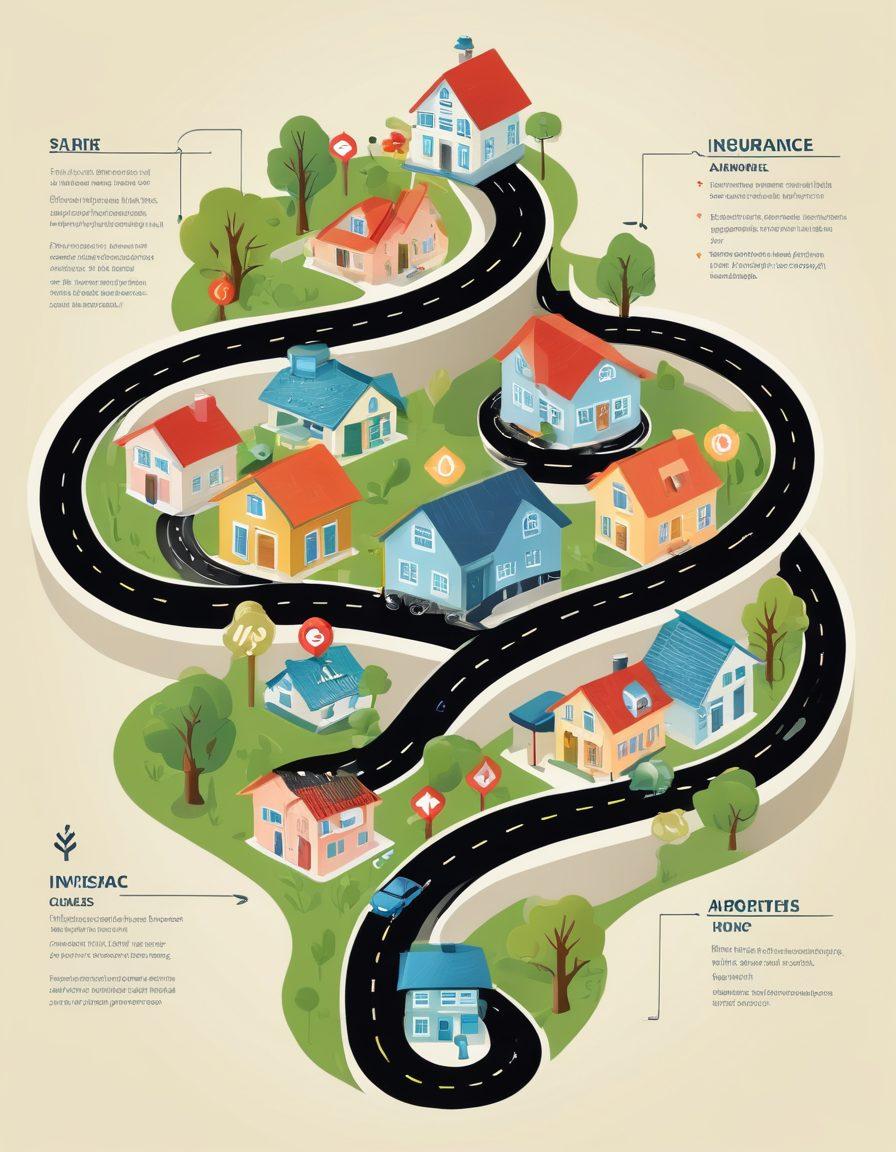 A visually engaging and informative infographic depicting a winding road symbolizing an insurance journey, featuring icons representing coverage options, claims process, and policy choices along the way. Include a friendly guide character navigating the path, with various insurance symbols like houses, cars, and health items scattered throughout. Connect each element with arrows for clarity. soft colors. vector art.