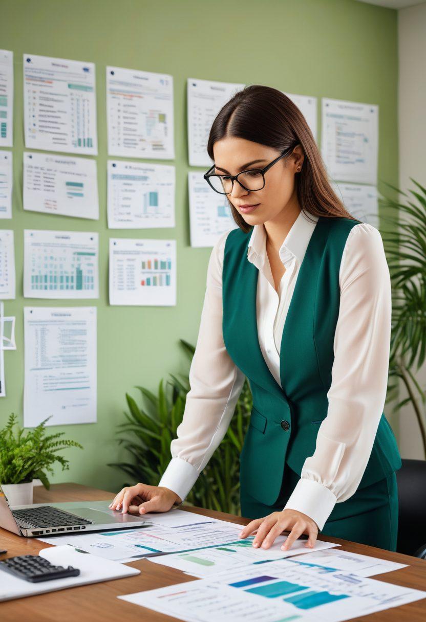 A confident individual reviewing a flowchart of claims and insurance premiums surrounded by stacks of documents, a calculator, and a laptop displaying graphs; the background features a serene office space with plants and motivational quotes on the wall, symbolizing effective coverage mastery. super-realistic. vibrant colors. bright office atmosphere.