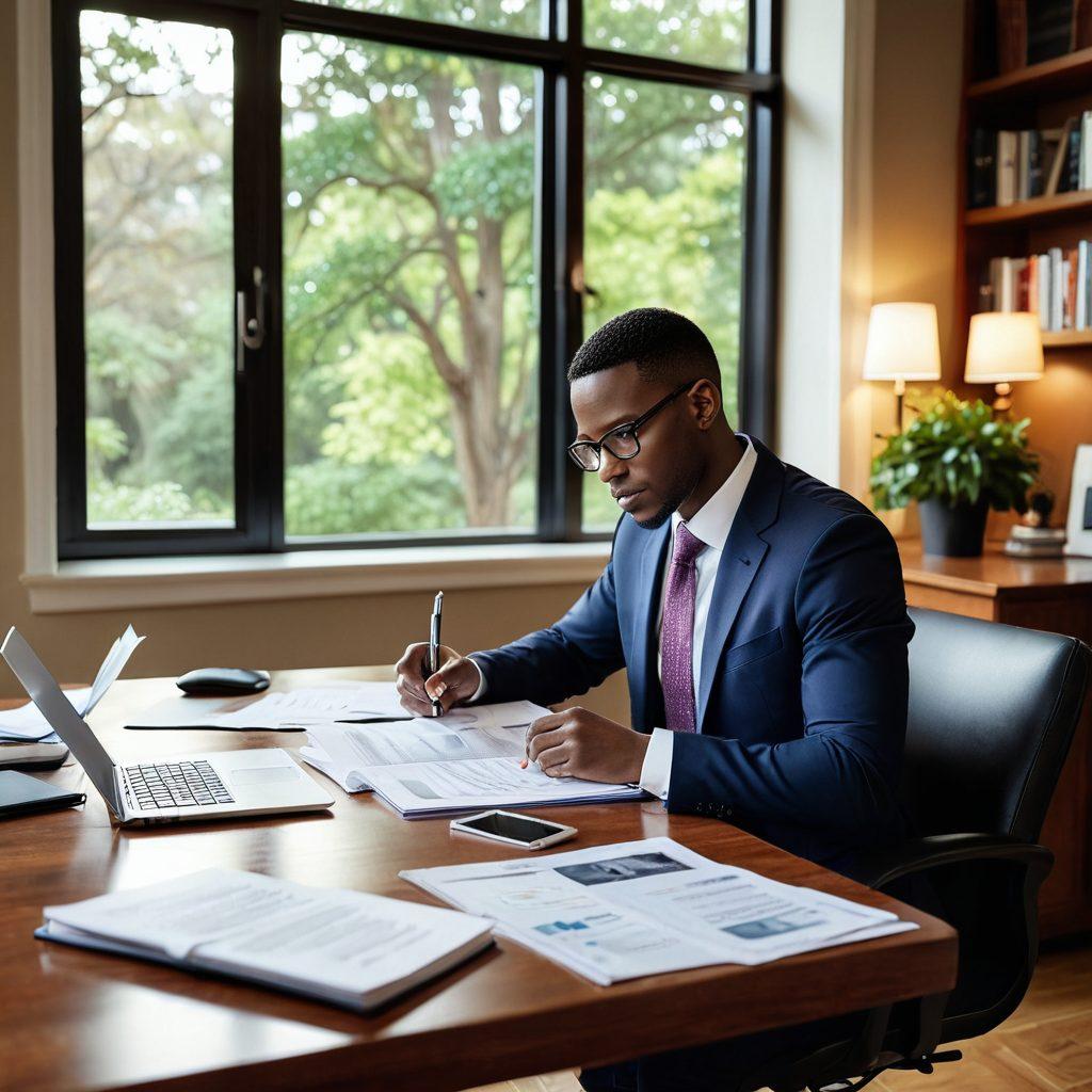 A thoughtful insurance broker discussing options with a client over a table filled with policy documents and a laptop, showcasing diverse insurance icons like health, auto, and life insurance around them. The scene is warm and inviting, with a bookshelf in the background containing insurance literature. Bright natural light filters through a window, emphasizing a professional yet approachable atmosphere. super-realistic. warm tones. soft focus.